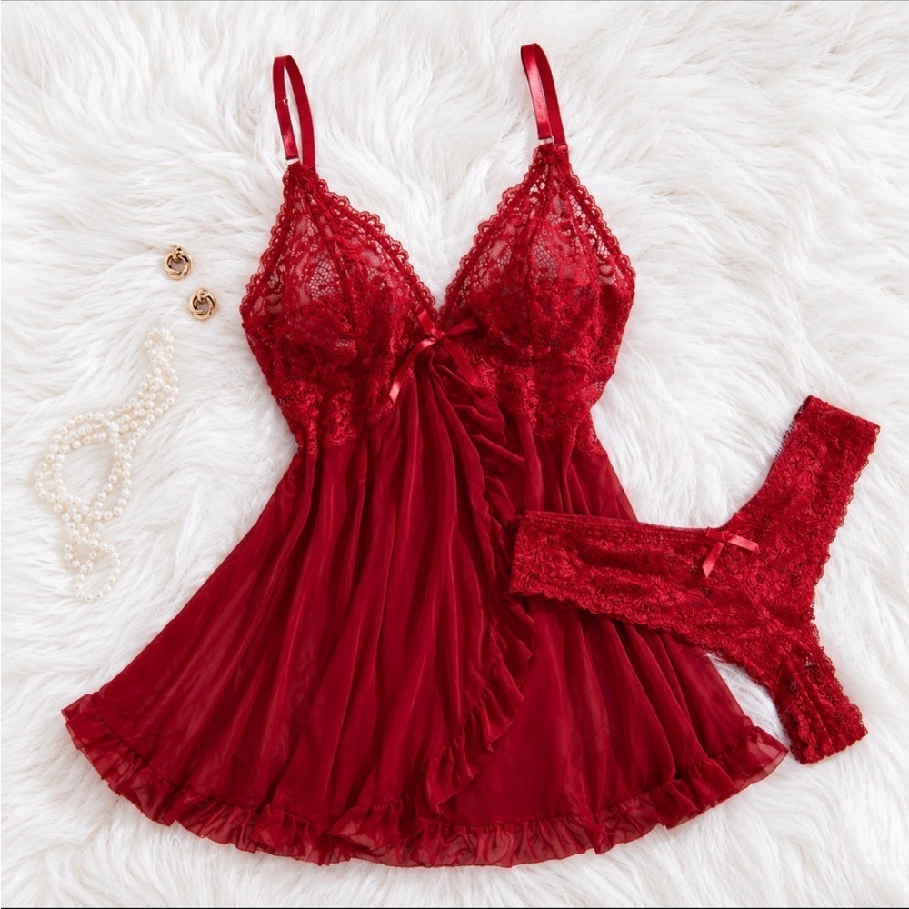 Plus Size Red Lace Babydoll Lingerie Set 2PC Wireless Bra & Briefs XL (14)